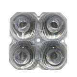Close-up view of a square array of four transparent resin lenses with concentric circular ridges and central openings on a white background.