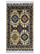 Hand-Knotted Afghani Kashi Wool Rug displaying blue, cream, and red traditional pattern
