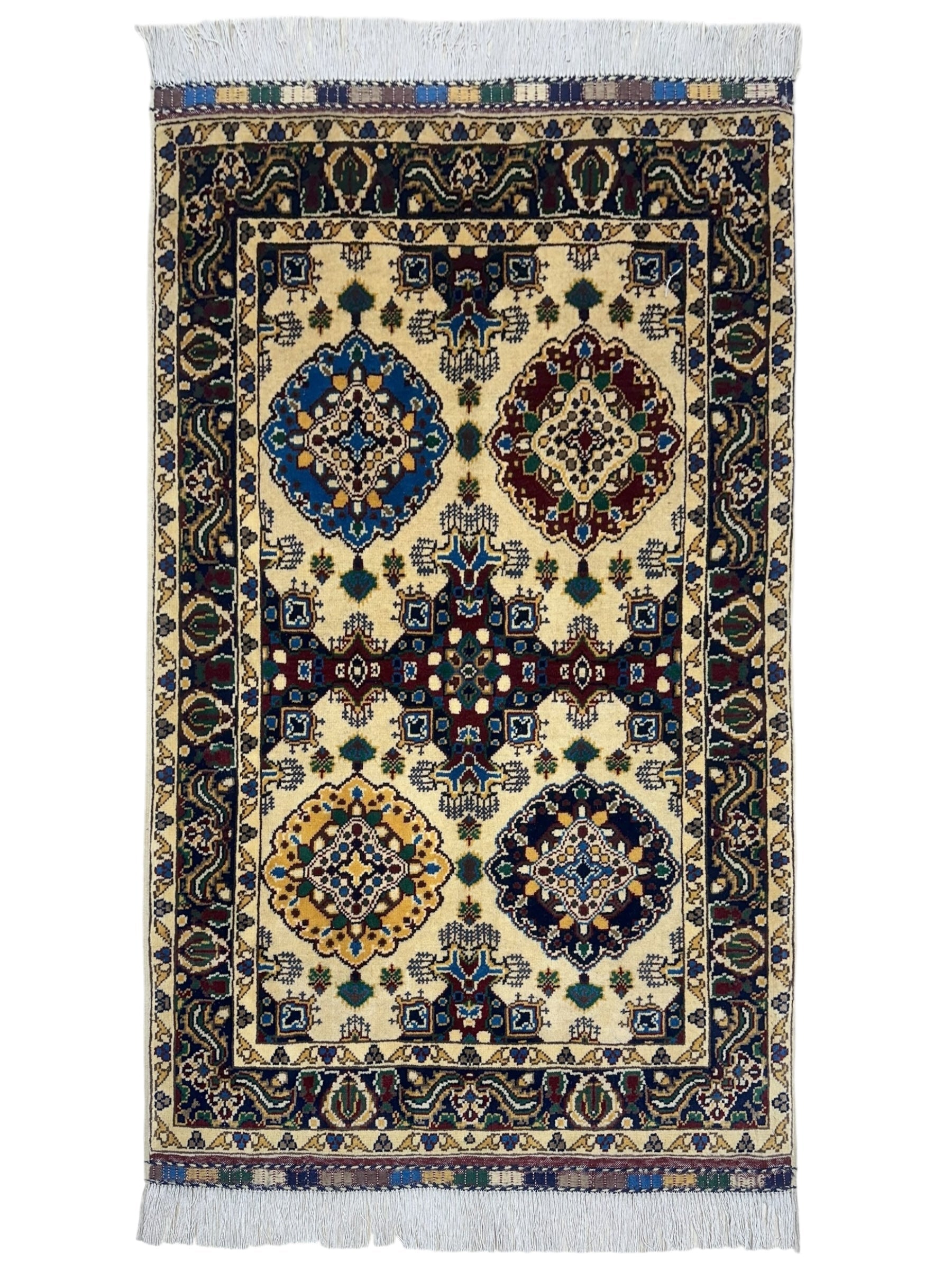 Hand-Knotted Afghani Kashi Wool Rug displaying blue, cream, and red traditional pattern