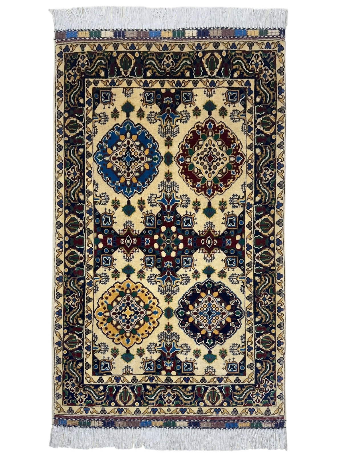 Hand-Knotted Afghani Kashi Wool Rug displaying blue, cream, and red traditional pattern