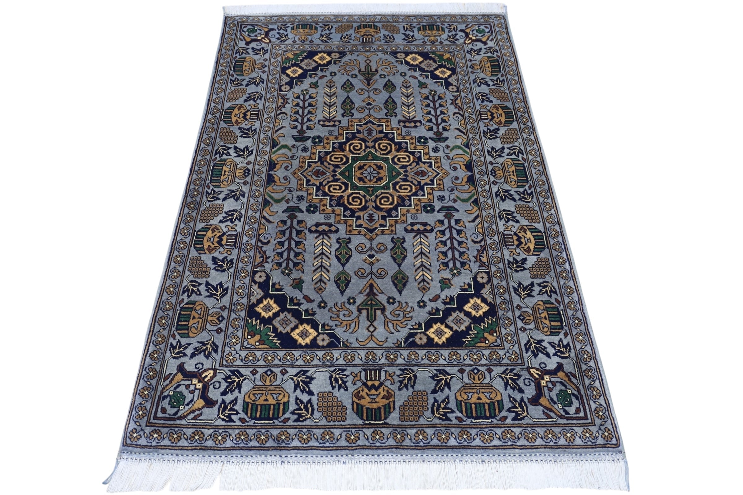 Hand-Knotted Afghani Zerkhaki Wool Rug – 3’4″ x 4’11″