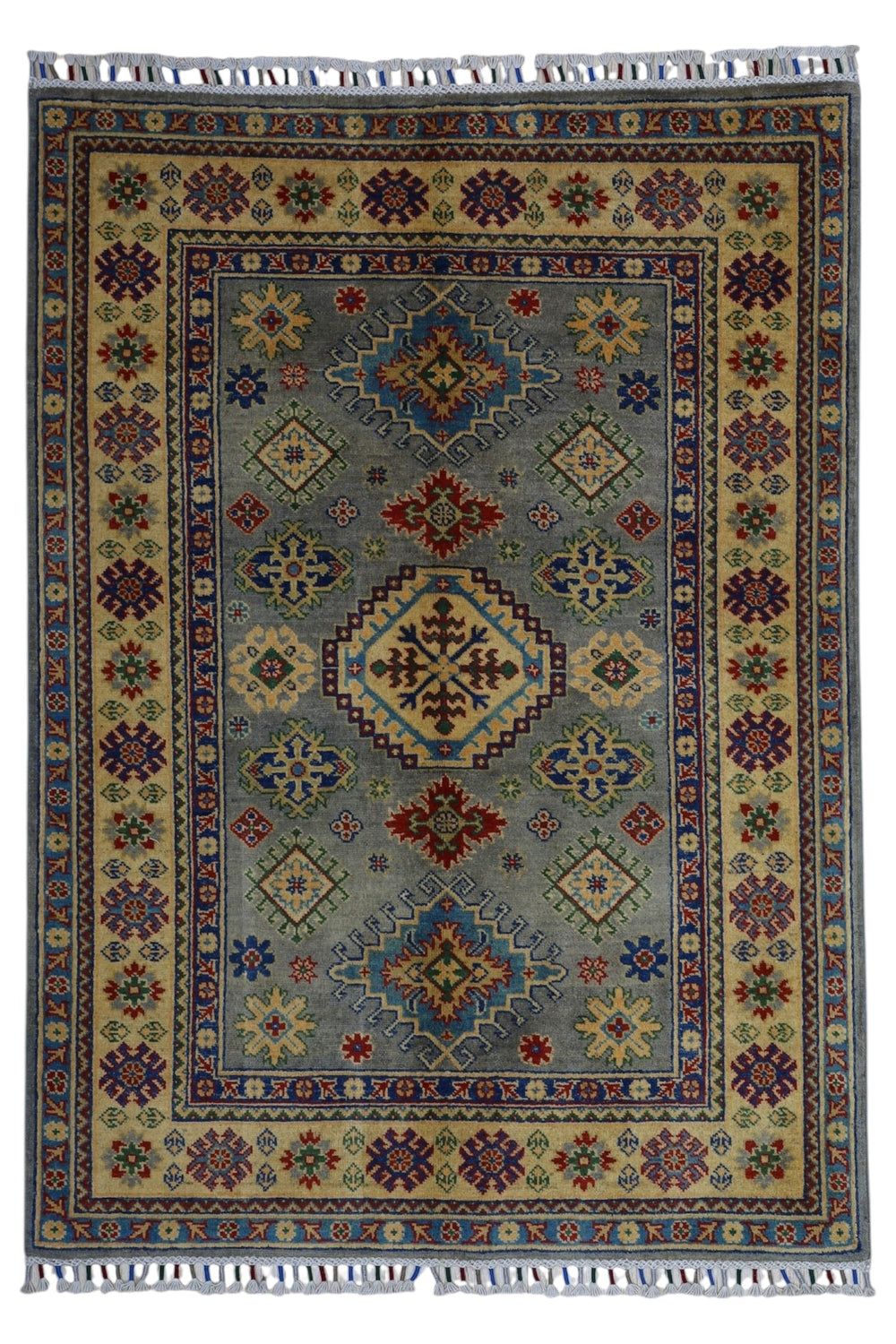 Hand-Knotted Afghani Kazak Wool Rug in silver beige, 3’11" x 5’6" size, showing traditional Afghan design patterns.