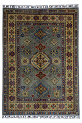 Hand-Knotted Afghani Kazak Wool Rug in silver beige, 3’11" x 5’6" size, showing traditional Afghan design patterns.