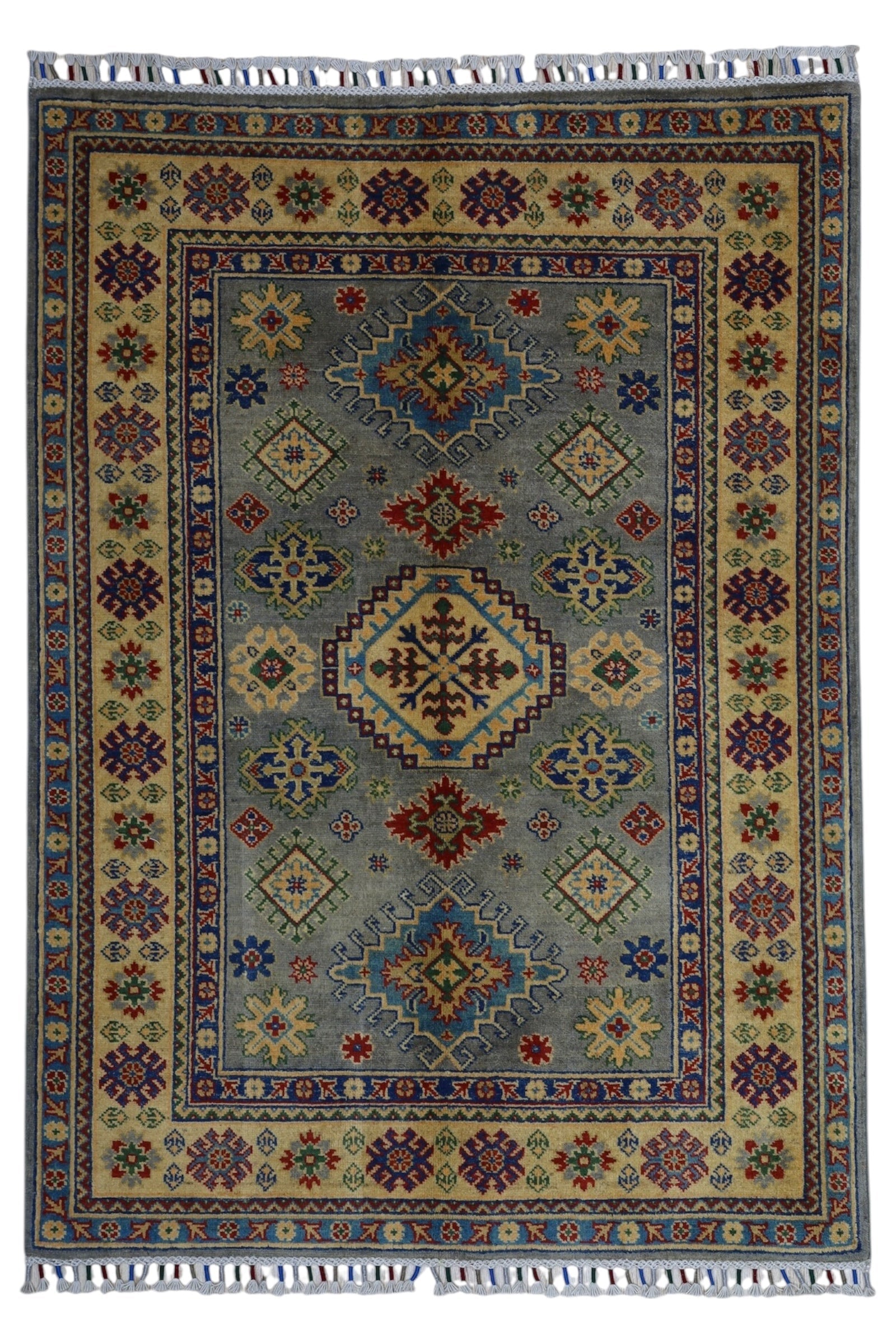 Hand-Knotted Afghani Kazak Wool Rug in silver beige, 3’11" x 5’6" size, showing traditional Afghan design patterns.