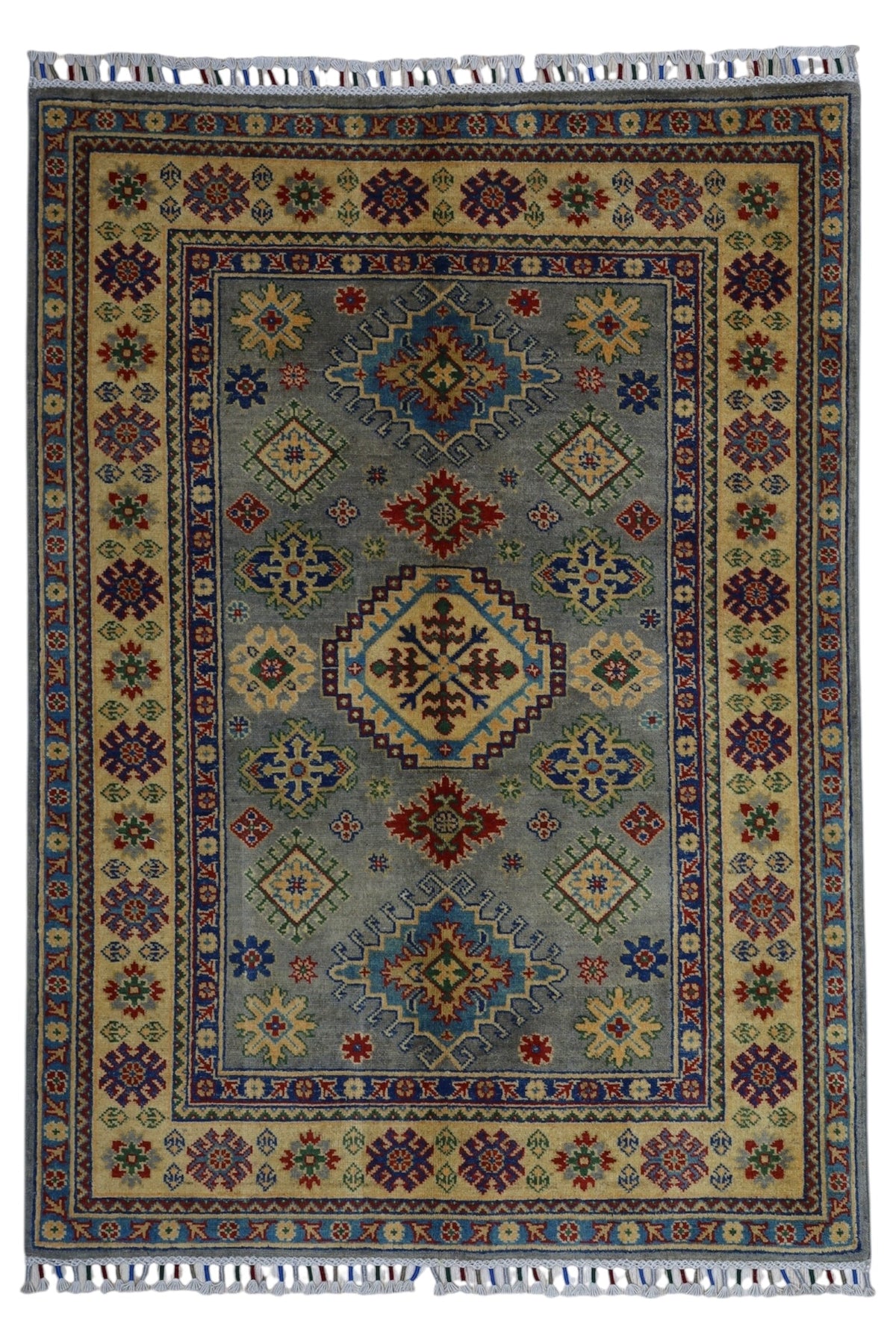 Hand-Knotted Afghani Kazak Wool Rug in silver beige, 3’11" x 5’6" size, showing traditional Afghan design patterns.