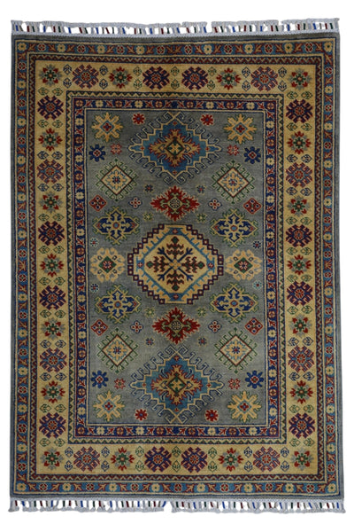 Hand-Knotted Afghani Kazak Wool Rug in silver beige, 3’11" x 5’6" size, showing traditional Afghan design patterns.