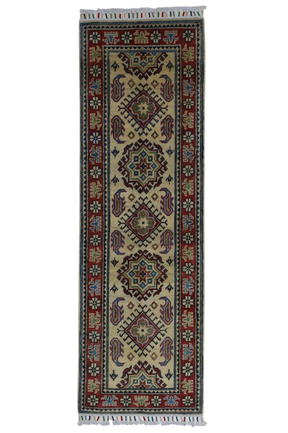 Hand-knotted Afghani Kazak wool rug in red tones, dimension 2’0" x 6’2"