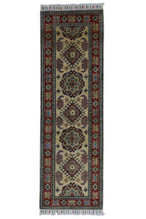 Hand-knotted Afghani Kazak wool rug in red tones, dimension 2’0" x 6’2"
