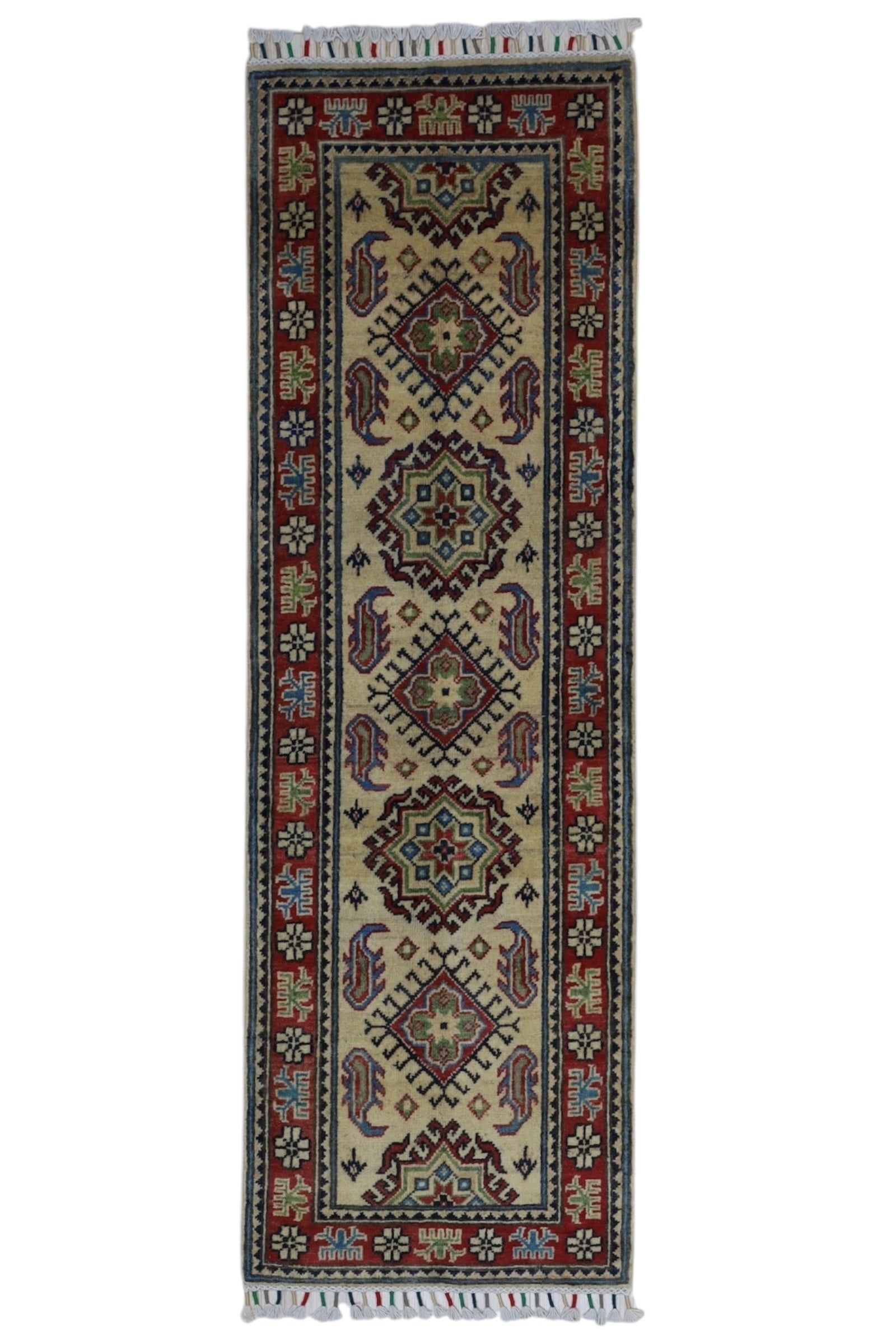 Hand-knotted Afghani Kazak wool rug in red tones, dimension 2’0" x 6’2"