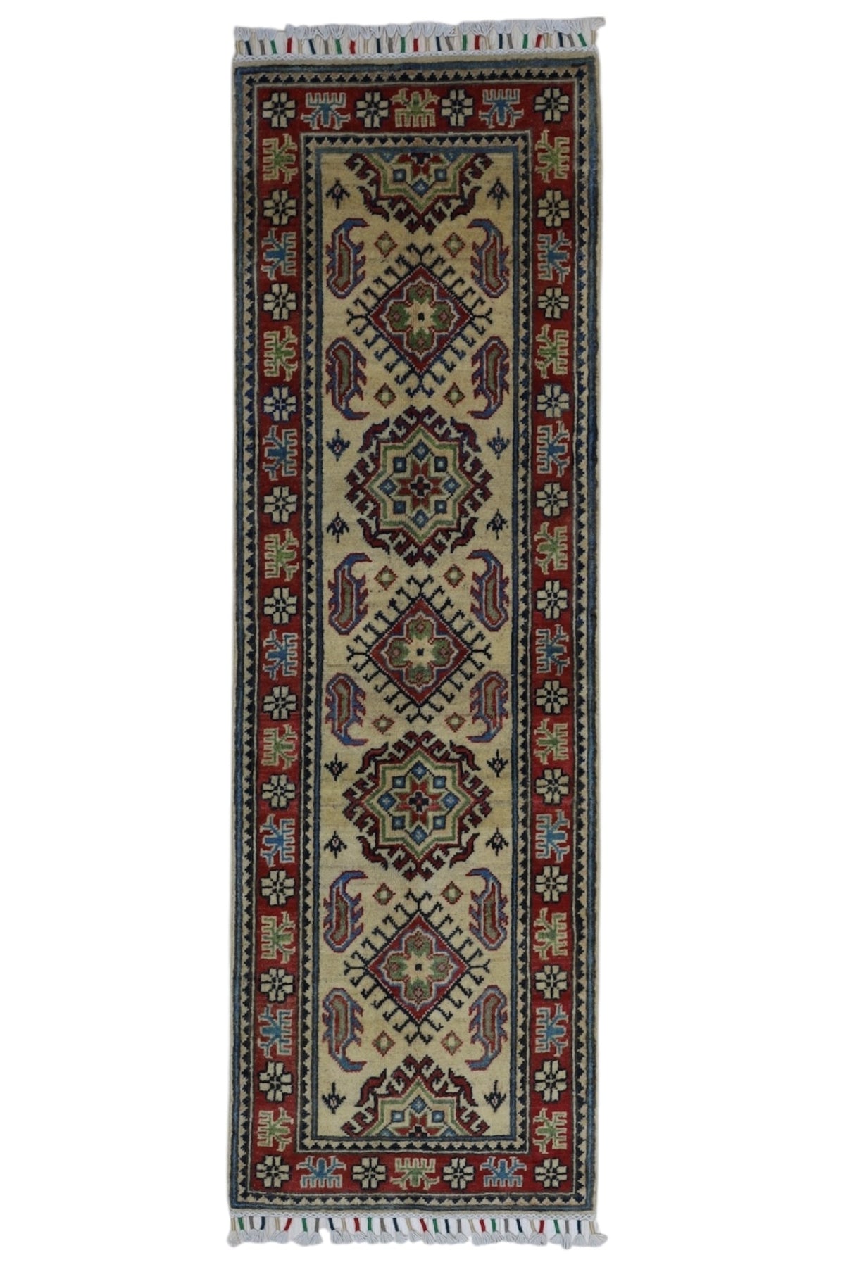 Hand-knotted Afghani Kazak wool rug in red tones, dimension 2’0" x 6’2"