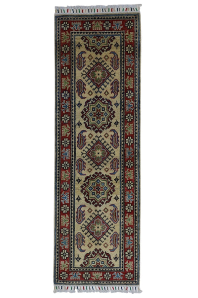 Hand-knotted Afghani Kazak wool rug in red tones, dimension 2’0" x 6’2"