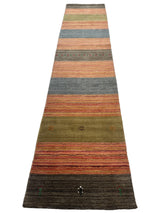 Long narrow hand-loomed Indo-Gabbeh runner rug with horizontal stripes in muted green, blue, orange, and brown tones, featuring scattered small geometric motifs.
