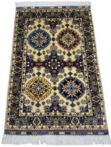 Hand-knotted Afghani Kashi wool rug with cream field, four colorful medallions in blue, burgundy, gold, and navy, intricate floral borders, and white fringes.