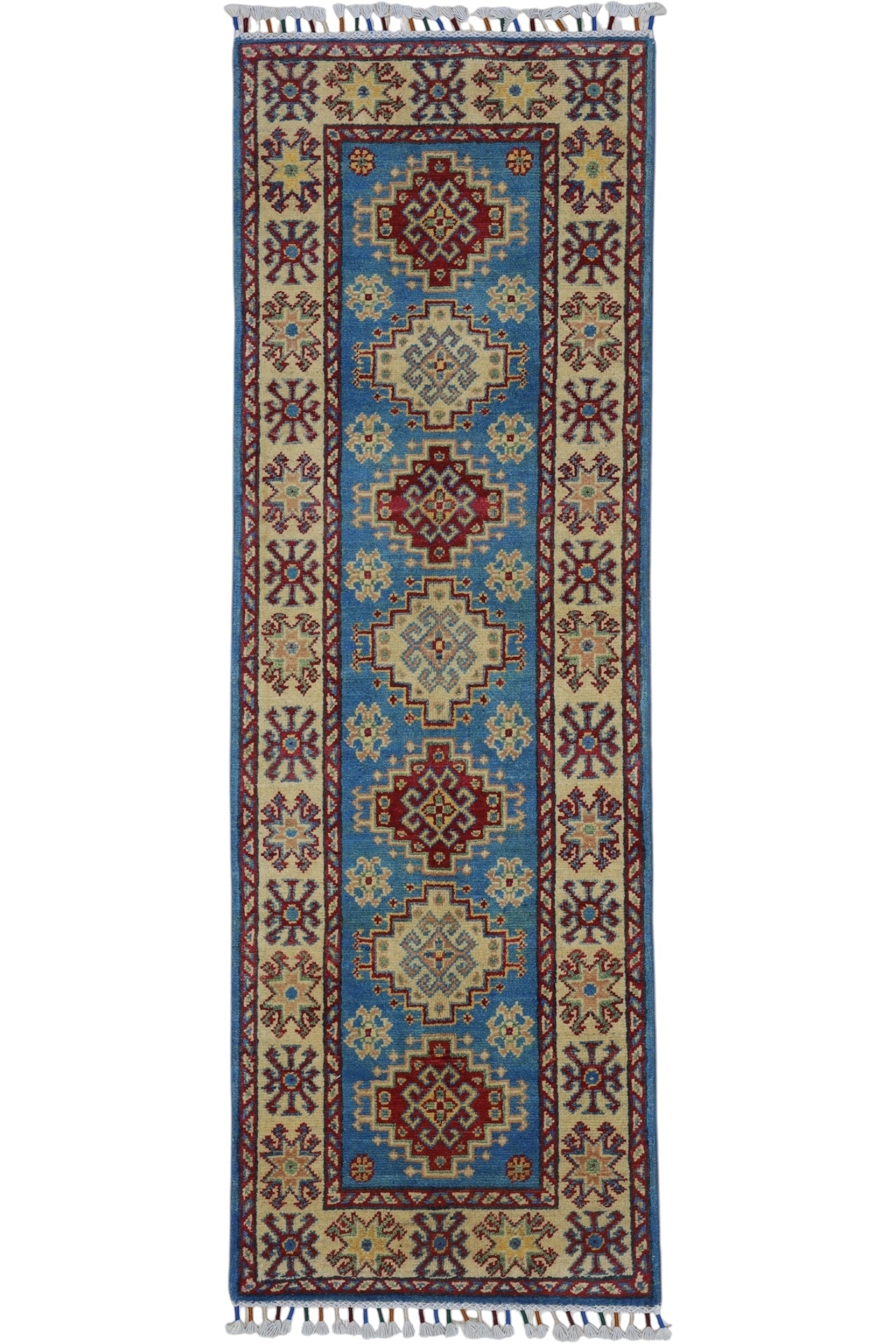 Hand-Knotted Afghani Kazak Wool Rug in blue, displayed flat showing traditional geometric motifs and rich patterns.