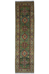 Hand-knotted Afghani Kazak wool rug in blue tones, displayed flat on floor