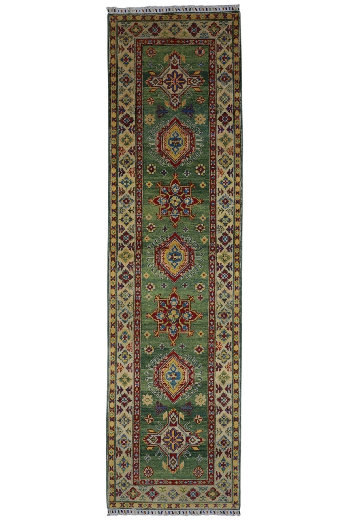 Hand-knotted Afghani Kazak wool rug in blue tones, displayed flat on floor