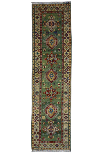 Hand-knotted Afghani Kazak wool rug in blue tones, displayed flat on floor