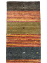 Hand-loomed Indo-Gabbeh runner rug with horizontal bands in dark brown, orange, olive green, and dark gray, featuring small geometric motifs scattered across the bands.