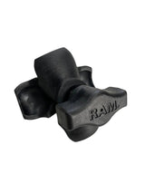Black plastic knob with star-shaped handle labeled 'RAM', attached to a ball-and-socket mounting base, isolated on white background.