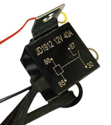 Black JD1912 12V 40A electrical relay with metal mounting bracket and wiring connected, showing pin configuration numbers and circuit diagram on top surface.