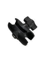 Black plastic roll cage mounting clamp with a central tightening knob and curved grips for secure attachment, shown on a white background.