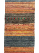Hand-loomed Indo-Gabbeh runner rug with horizontal bands in blue, orange, and gray featuring small red and green floral accents and three white, yellow, and blue motifs on the gray band.