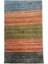 Rectangular hand-loomed runner rug with horizontal blue, pink, olive, and gray bands featuring small geometric and floral embroidered motifs.