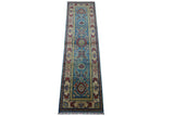 Long narrow hand-knotted Afghani Kazak wool rug with light blue center panel featuring red, cream, and dark blue geometric medallions and a cream border with floral patterns.