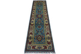 Long narrow hand-knotted Afghani Kazak wool rug with a teal central field decorated with symmetrical floral and medallion motifs, framed by cream and burgundy floral borders.