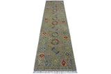 Narrow runner rug with repeating circular floral medallions in muted green, red, and blue on a olive-green field with geometric border and fringed ends.