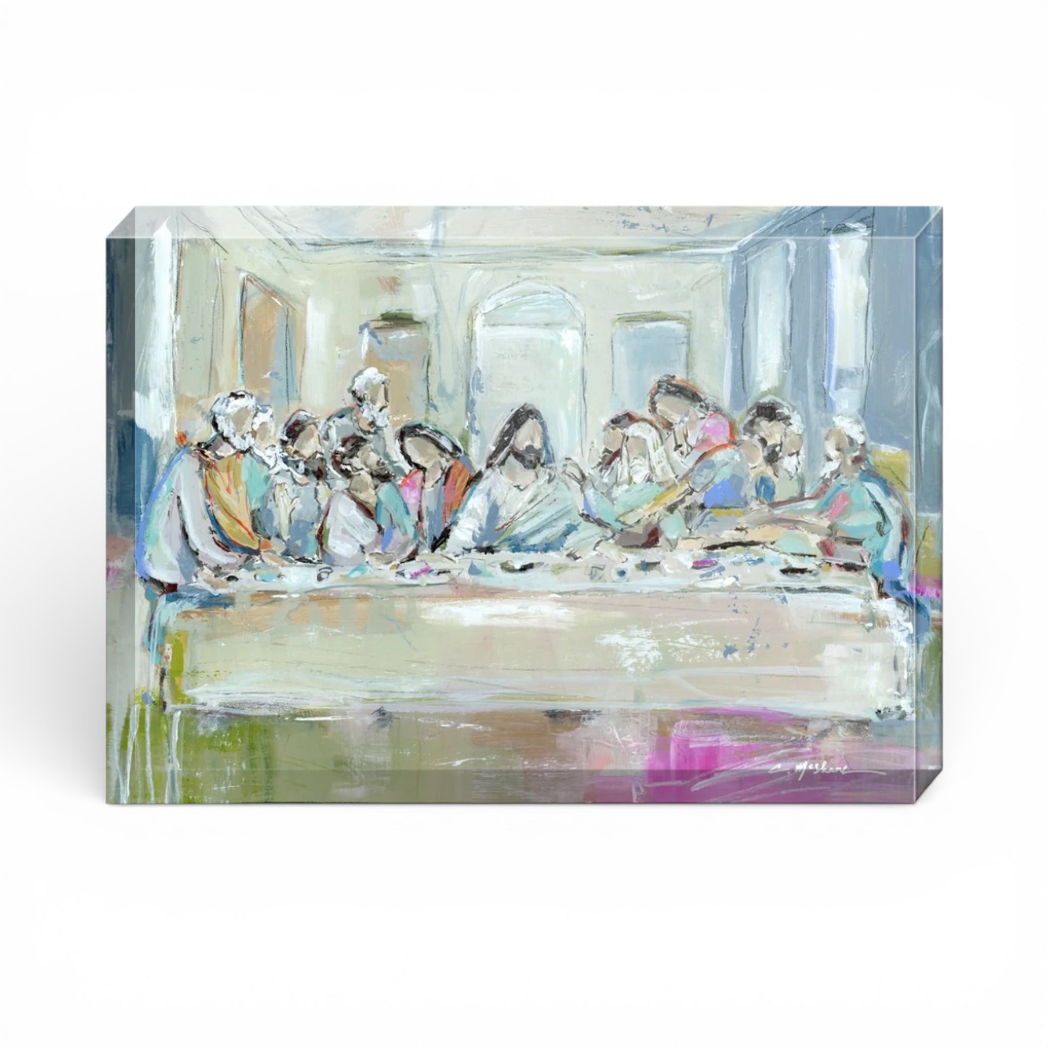 Legacy Meal II acrylic block with Last Supper artwork by Chelsea McShane on thick crystal-clear acrylic