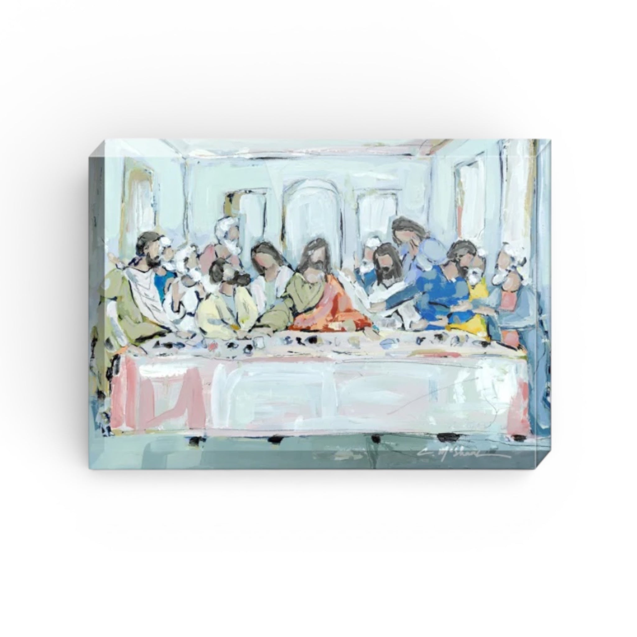 The "Legacy Meal XII" acrylic block by Chelsea McShane, showing an original Last Supper artwork on a thick, clear acrylic block.