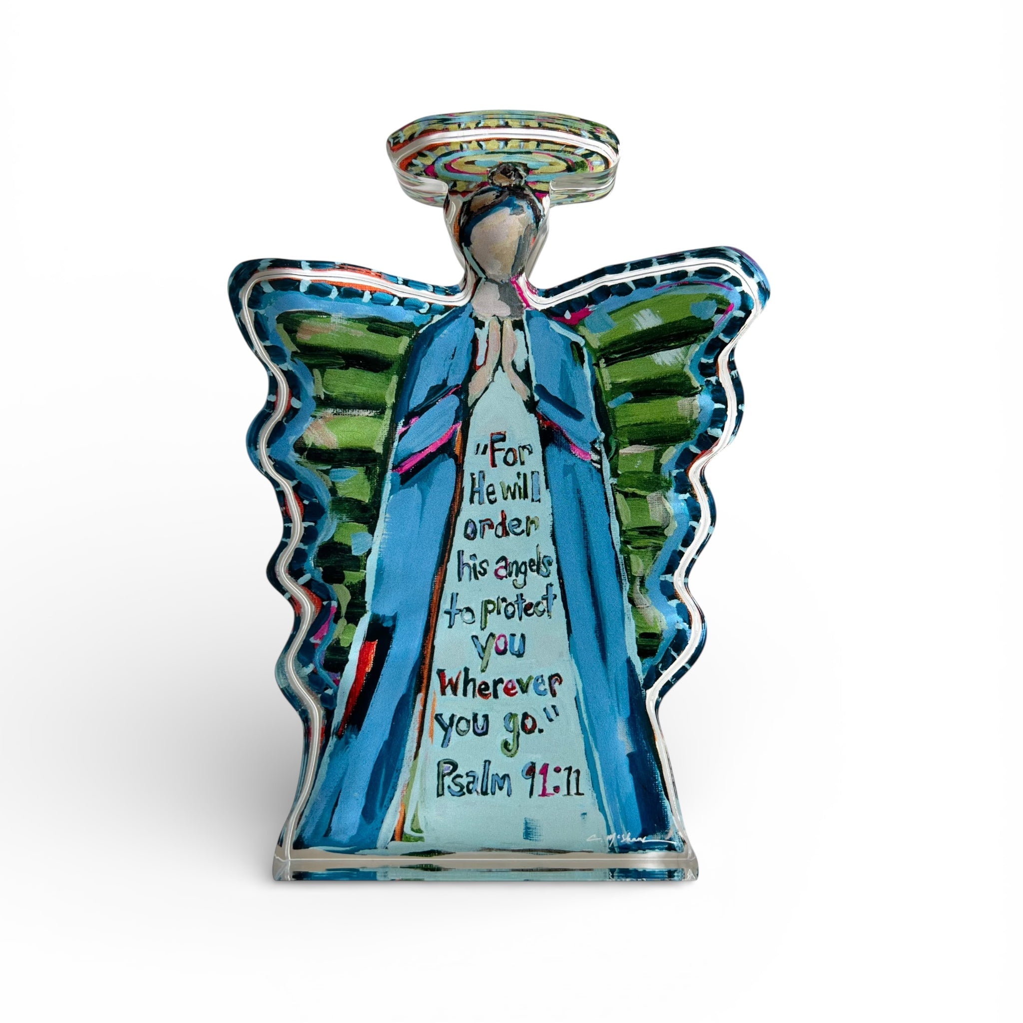 To Protect You Angel Acrylic Tabletop Art showing angel artwork on crystal-clear acrylic block displayed on a wooden surface