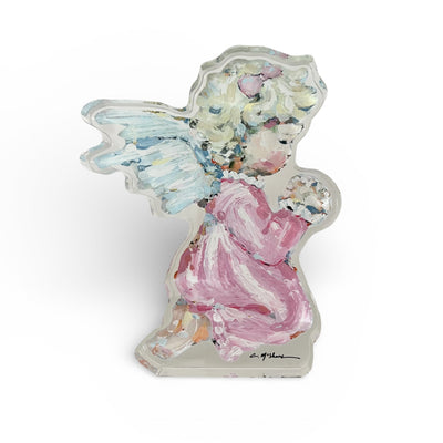 Tiny Wings I Angel Acrylic Tabletop Art displayed on table with warm light