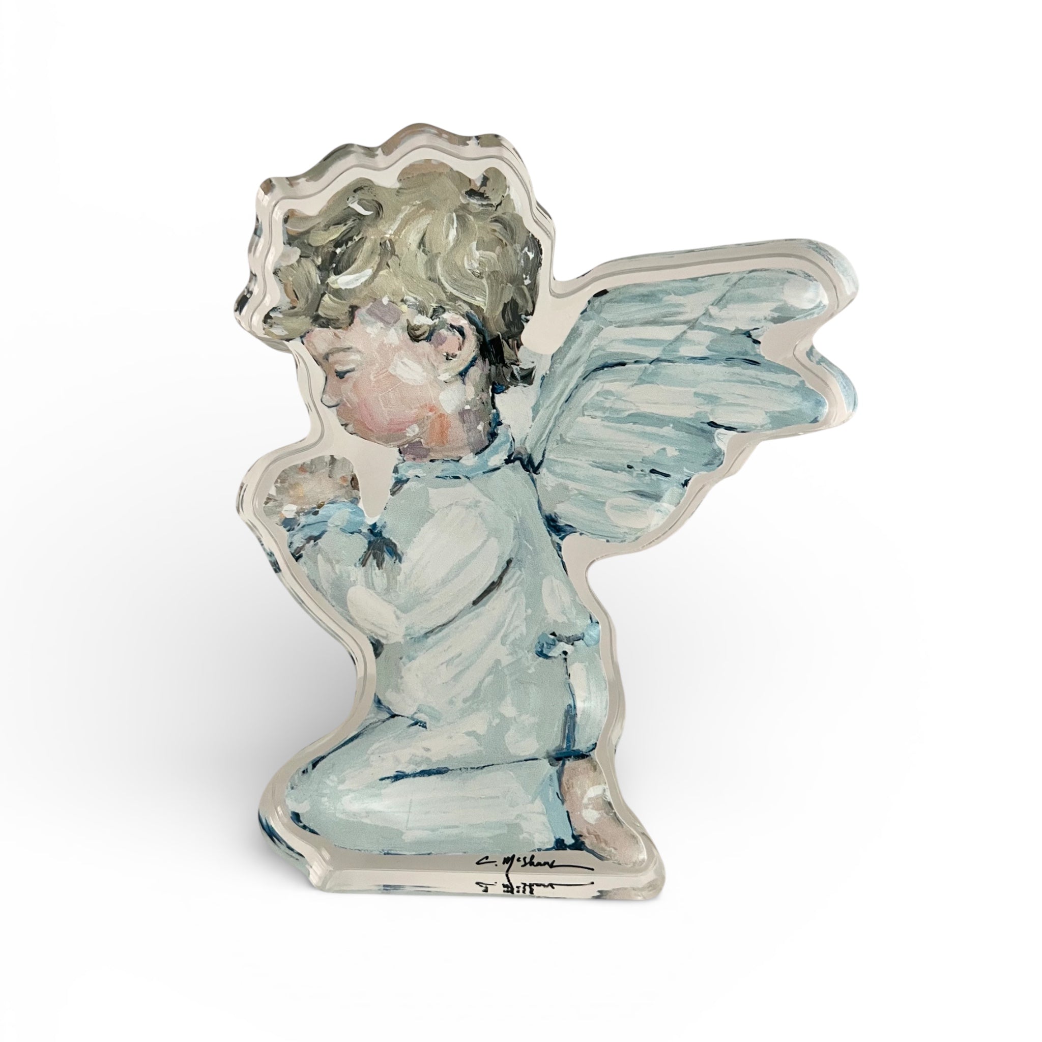Tiny Wings III Angel Acrylic Tabletop Art showing translucent acrylic block with angel artwork
