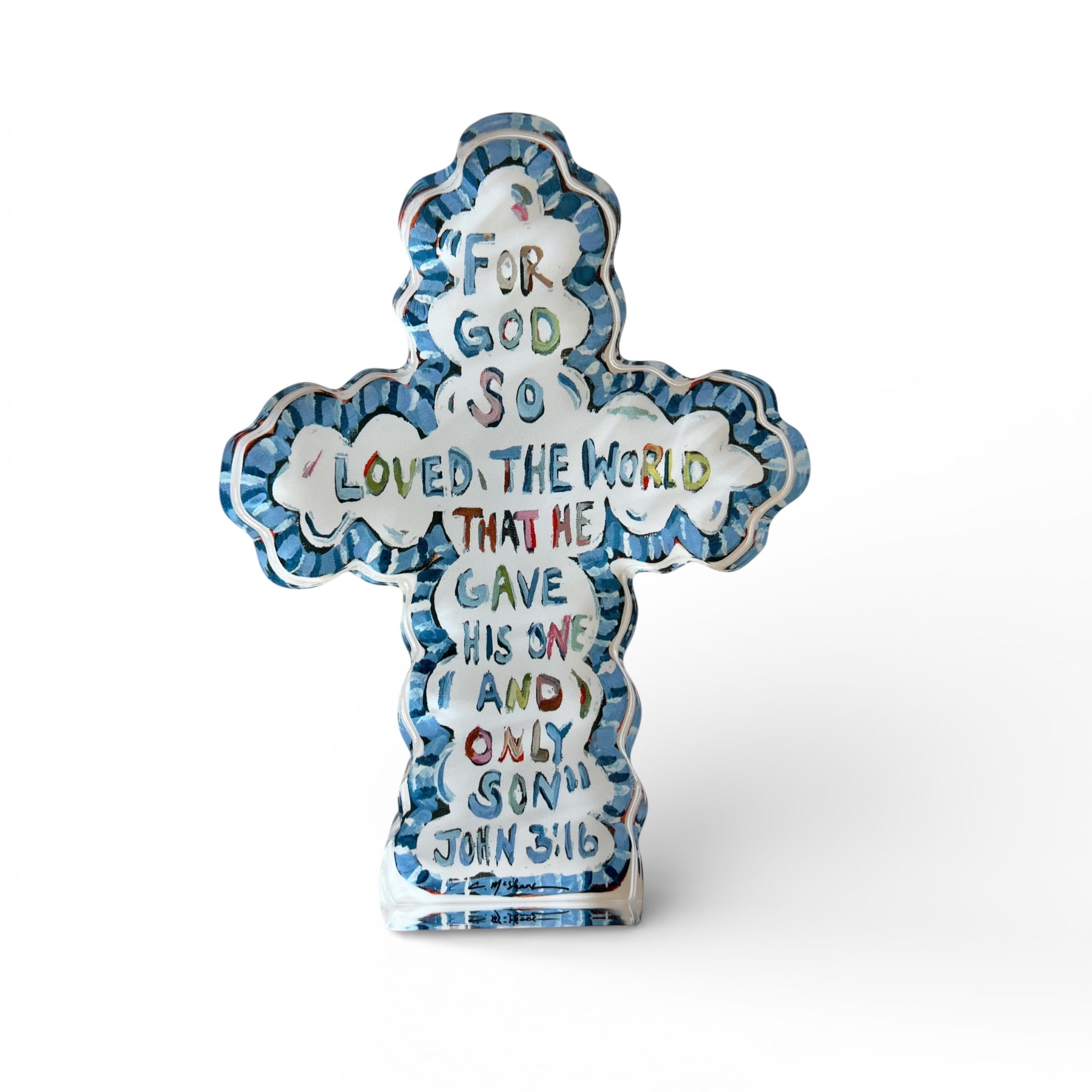 He Saved Cross Acrylic Tabletop Art displayed on a wood dresser featuring original cross artwork on thick crystal-clear acrylic.