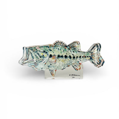 Gone Fishin Bass Acrylic Tabletop Art showing a bass fish illustration inside a thick clear acrylic block