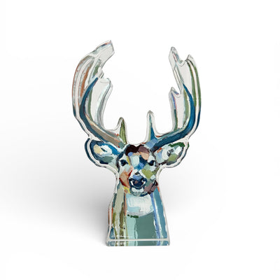 Bucky Deer Acrylic Tabletop Art piece displayed on a desk with natural light
