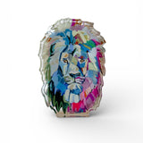 The Noble Lion Acrylic Tabletop Art showing a lion portrait printed on thick clear acrylic block