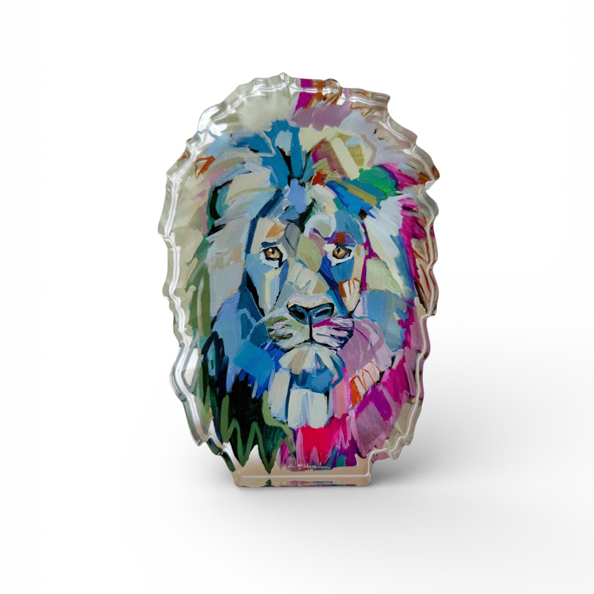 The Noble Lion Acrylic Tabletop Art showing a lion portrait printed on thick clear acrylic block