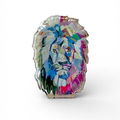 The Noble Lion Acrylic Tabletop Art showing a lion portrait printed on thick clear acrylic block