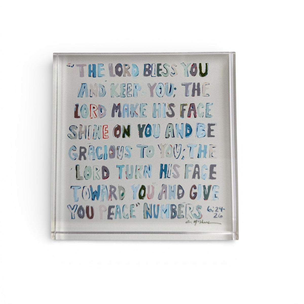 Numbers 6: 24-26 Neutral Acrylic Tabletop Art piece displayed on a wooden surface with neutral tones and slight reflections