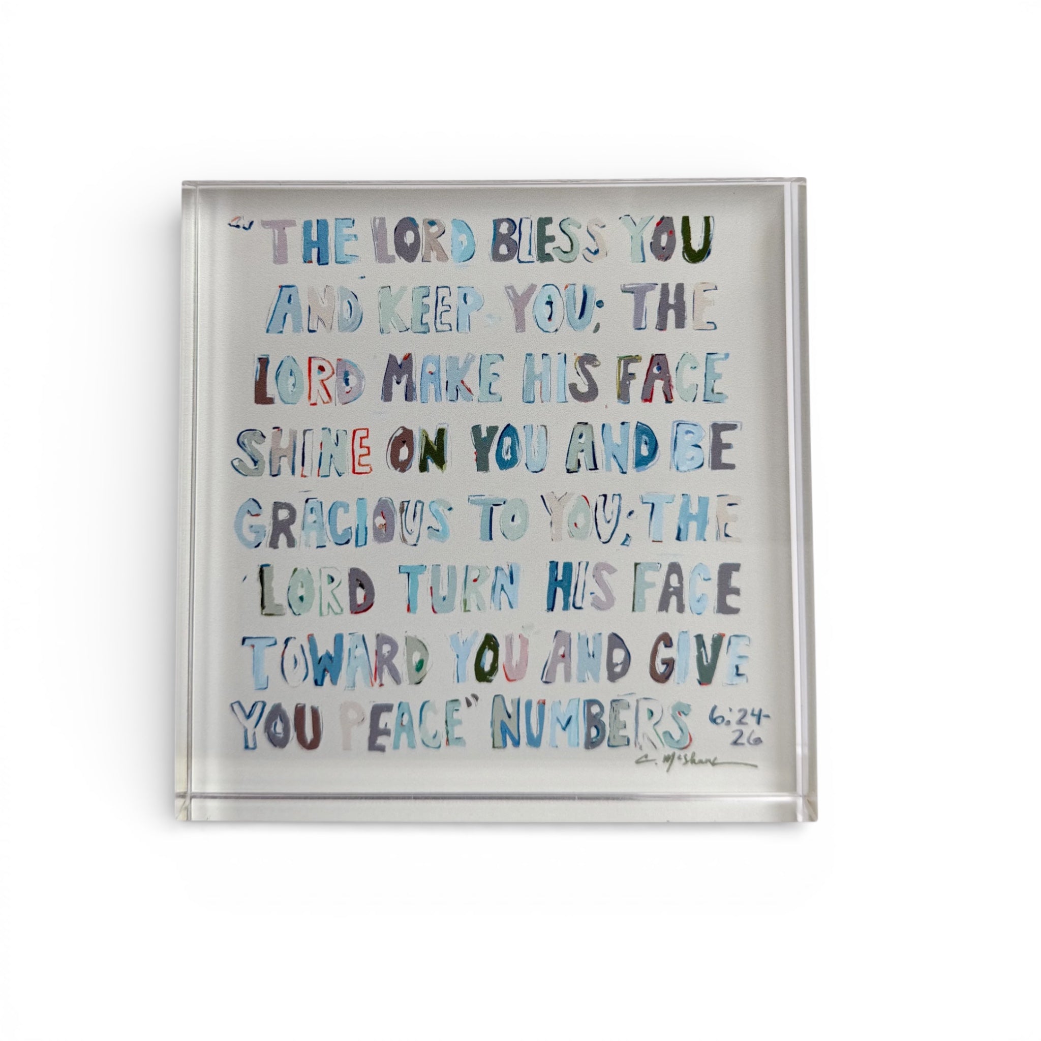 Numbers 6: 24-26 Neutral Acrylic Tabletop Art piece displayed on a wooden surface with neutral tones and slight reflections