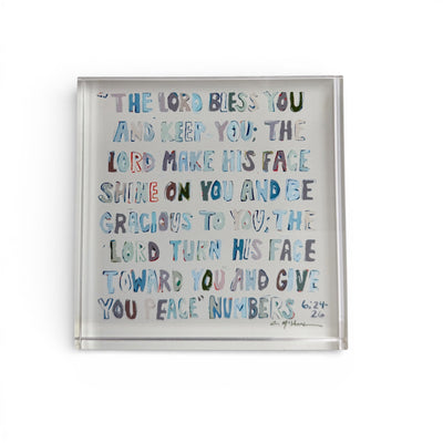 Numbers 6: 24-26 Neutral Acrylic Tabletop Art piece displayed on a wooden surface with neutral tones and slight reflections