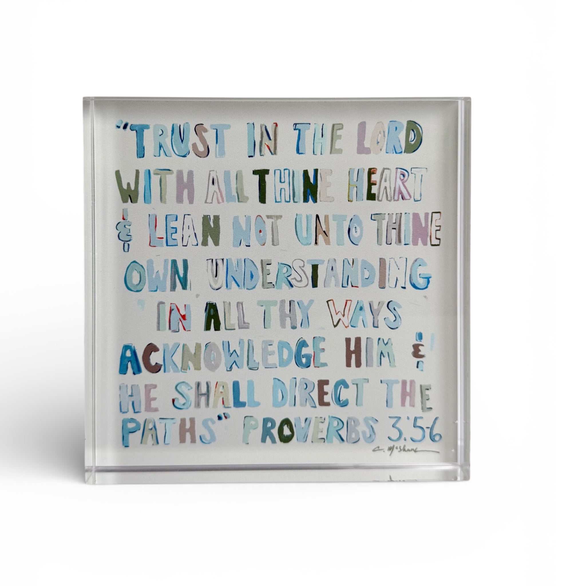 Proverbs 3:5-6 Neutral Acrylic Tabletop Art by Chelsea McShane on a wooden shelf