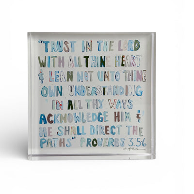 Proverbs 3:5-6 Neutral Acrylic Tabletop Art by Chelsea McShane on a wooden shelf
