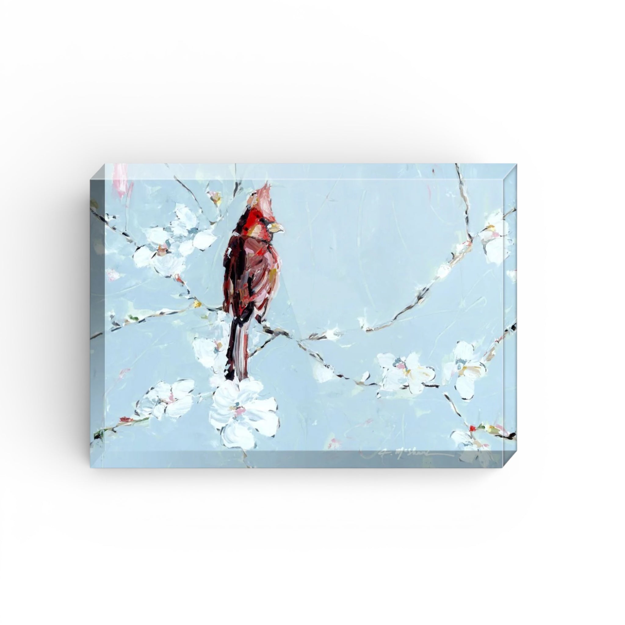 Freestanding acrylic block featuring original cardinal artwork by Chelsea McShane