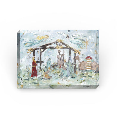 Nativity acrylic tabletop art printed with Chelsea McShane’s original artwork displayed on a flat surface