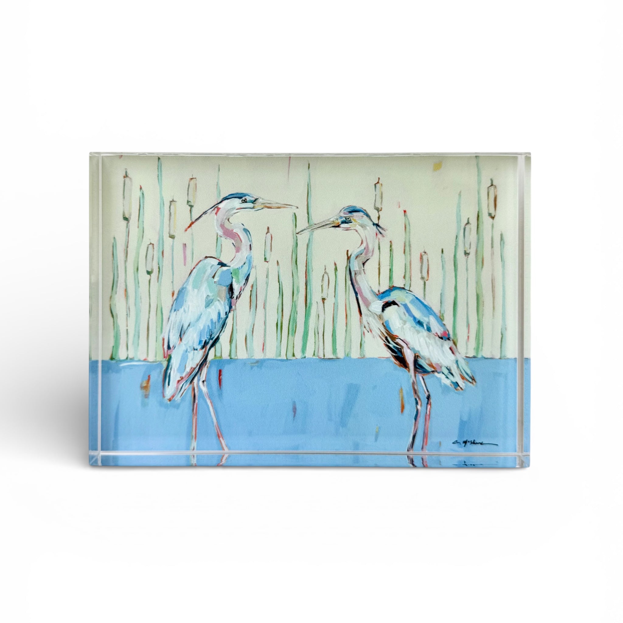 Blue Herons artwork encased in a thick, weighted acrylic tabletop block