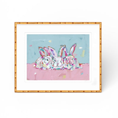 Framed Hip Hap Hop Bunnies Fine Art Print featuring whimsical bunny characters by Chelsea McShane Art